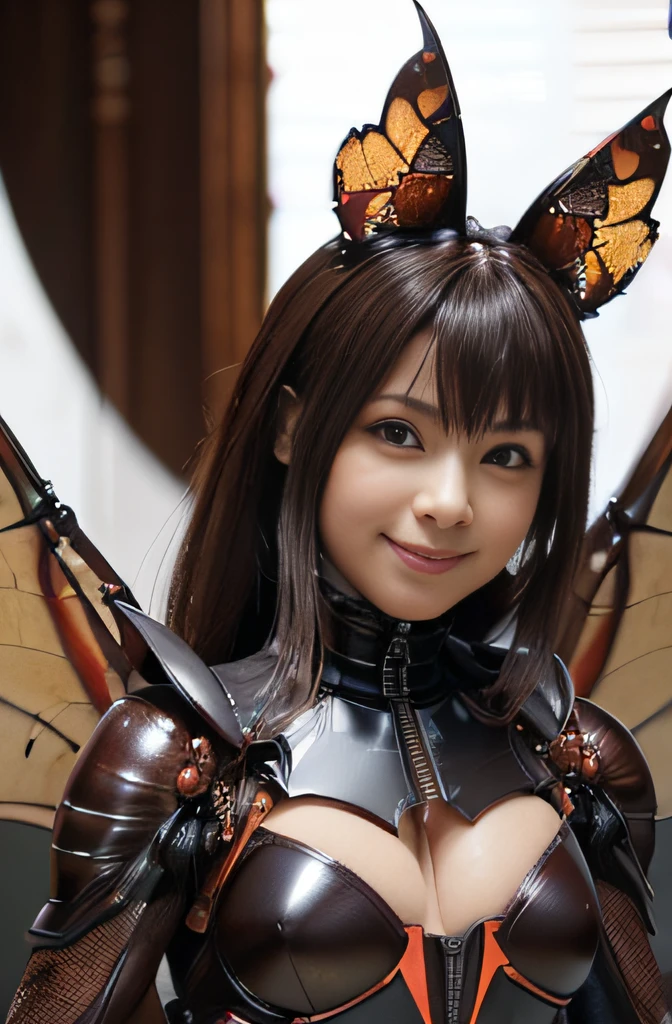 (high resolution,masterpiece,best quality,extremely detailed CG, anime, official art:1.4), realistic, photo, amazing fine details, all intricate, gloss and shiny,awesome many layers, 8k wall paper, 3d, sketch, kawaii, illustration,( solo:1.4), perfect female proportion,villainess, (fusion of dark brown cockroach and lady:1.4), (brown cockroach form lady:1.2), (brown cockroach lady:1.2), (fusion:1.2), (solo:1.4), (evil smile:1.2), muscular, abs, (cockroach brown exoskeleton bio insect suit:1.4), (cockroach brown exoskeleton bio insect armor:1.2), (brown transparency cockroach wing:1.4), (brown cockroach antennae:1.3),