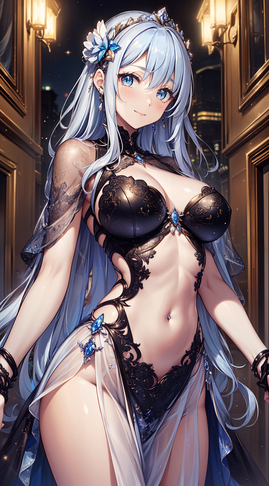 top-quality、Top image quality、tmasterpiece、8kK、Teenage with((A sixteen-year-old girl has pale blue eyes,with fair skin, Delicate skin、Light smile、Best bust、Medium bust、Enchanted、Raised sexy、Breasts wide open,silber hair、slenderness、Great Valley、The outer layer is covered with a black translucent ultra-detailed banquet dress))highest quality、beautiful art、Background with((luxury hotel、Night view windows))、masutepiece、visual art、depth of fields、Diamonds adorn clothes,glitters,full bodyesbian,Flowing skirt,Dynamic Angle