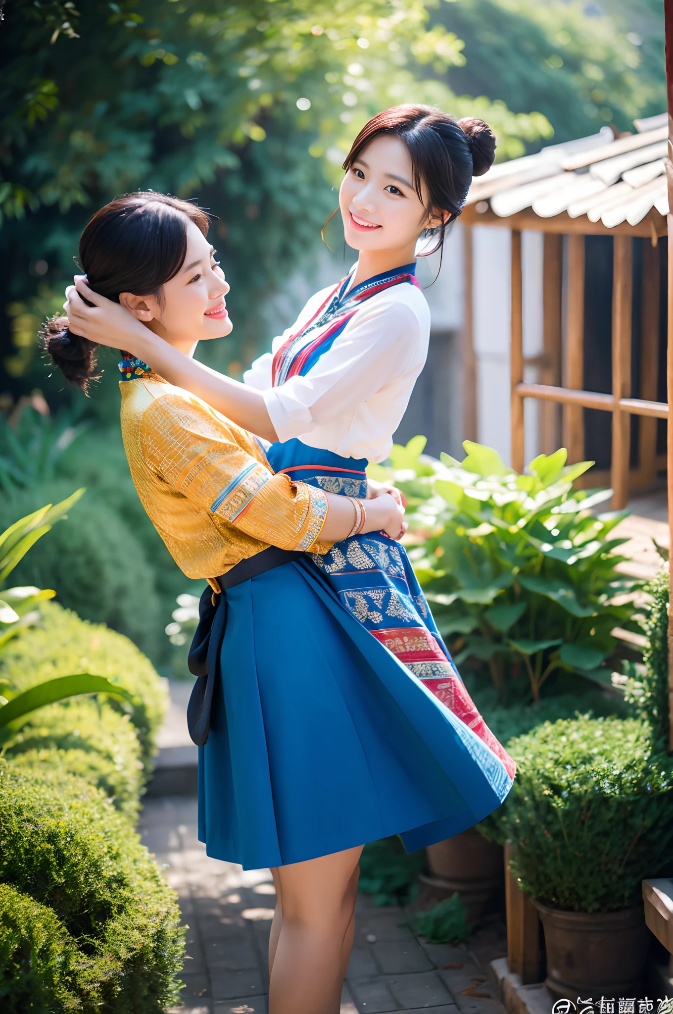 (8K分辨率,Vista full body photo),(closeup portrait of two women,Detailed Face, front view, Look at the camera,duo,stroking,leering:1.4,20yr old,delicate face,详细的脸,Redlip,Fair smooth skin,(Classic Hmong costume:1.4,(Satin fabric with flowers,The cuffs are multi-colored horizontal strips,Cardigans,Short waist long version),Silver products,Silver necklace,silver hair clip,hair-bun),(pleatedskirt,(Hmong embroidery、batik)),耳Nipple Ring,bangle,Tall and tall,Posture of conversation,perfect hand,Ultra-fine clothing material),(Traditional Xijiang Miao village,Festive party night background in cottage,Exquisite environmental details),(exhilarated,confident smile,Rejoice),(profesional lighting,动态照明),((The colors are more balanced,(black in color,blue colors,red colour))),(Golden section,Cinema lenses,Hasselblad photograp,tmasterpiece:1.3),(Miaozhai idol,Focus on the field,trendsetting,Folklore artist,Art platform)