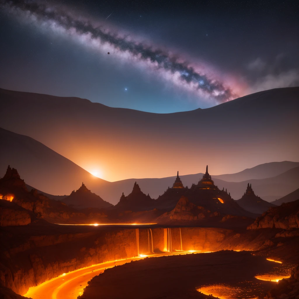 Alien base (Very detailed) In the mountainous desert，There are several exhaust fans and chimneys, Some spotlights come out of the base to illuminate dark places, (Extreme nights), Some clouds in the night sky, Some of the surrounding planets provide air to unknown planets，The farthest giant volcano is erupting