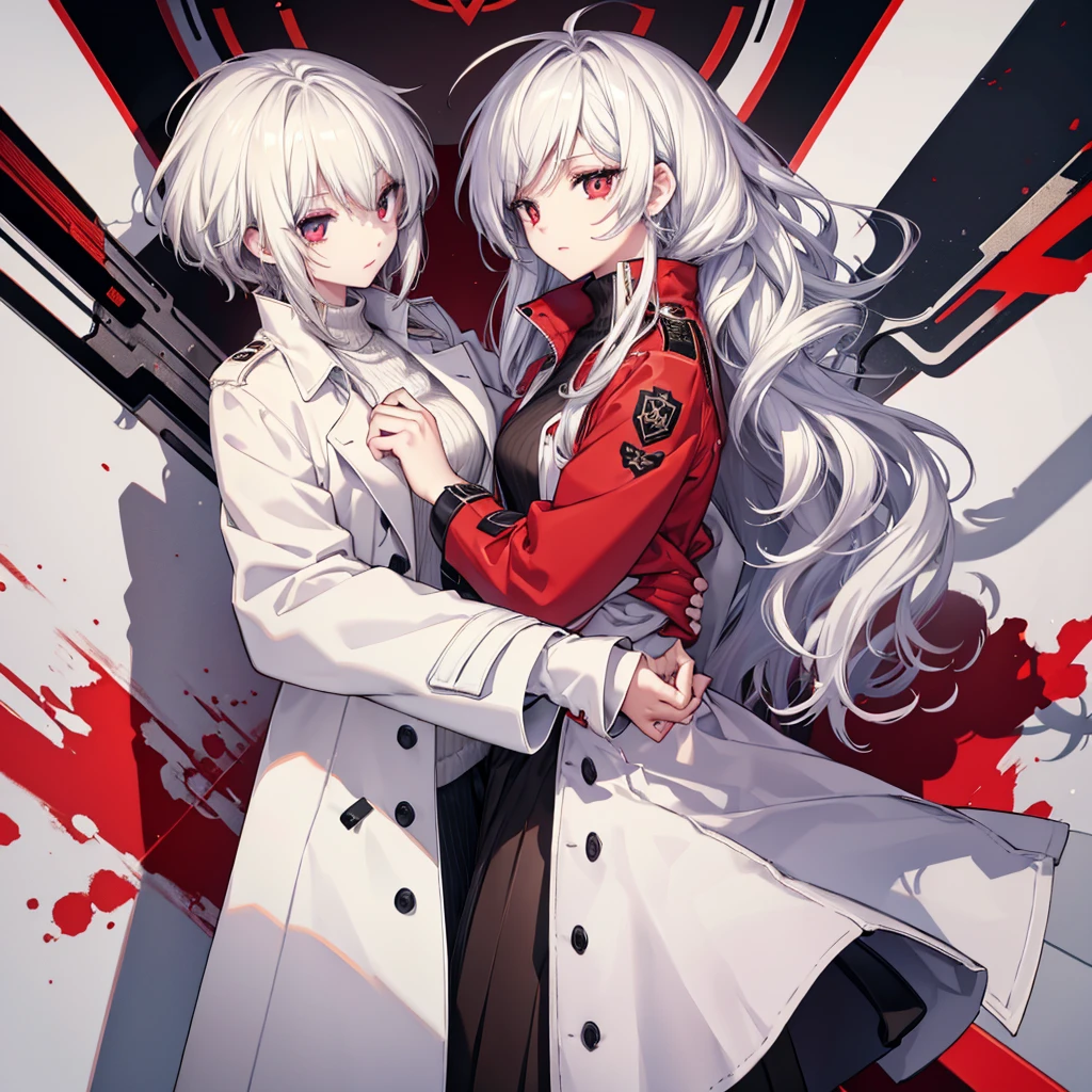 White-haired, red-eyed beautiful girl detective,Wears a white shirt and a brown trench coat