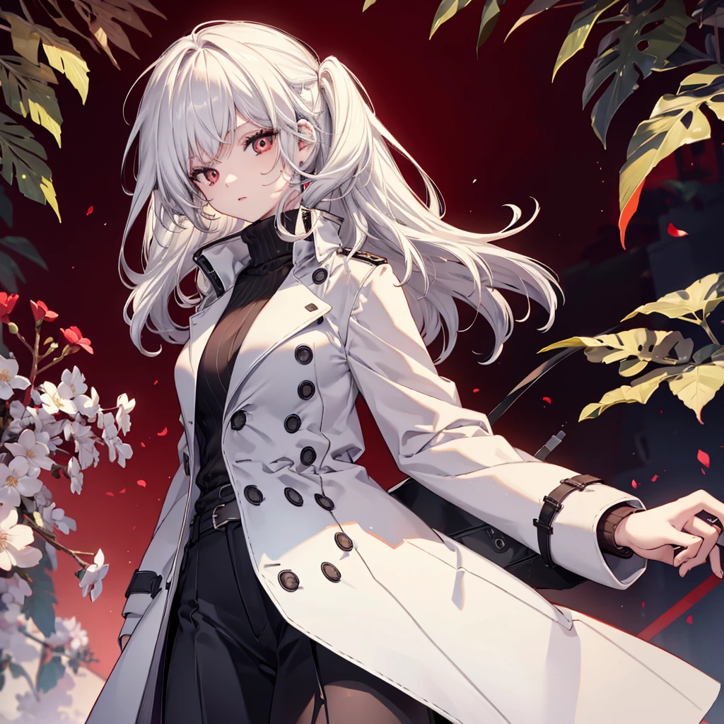White-haired, red-eyed beautiful girl detective,Wears a white shirt and a brown trench coat