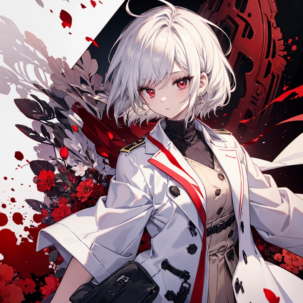 White-haired, red-eyed beautiful girl detective,Wears a white shirt and a brown trench coat