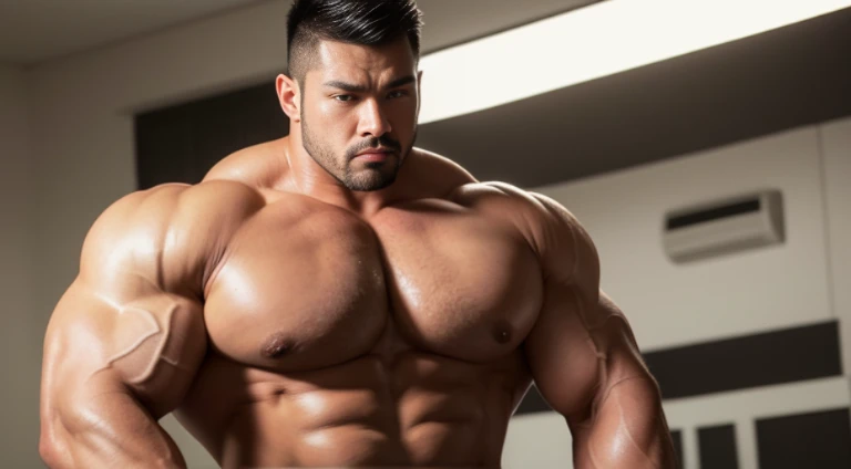 (Very detailed 8k wallpaper), Strong Asian Men, At the gym, high detailing, buzzcut, very large and strong body, bulging muscles, well-muscled, very large pectoral muscles. Very sexy abs, legs are muscular, Toned figure, lightens oily skin, muscular, Tank top, T-shirt, longshot, Wide Shot