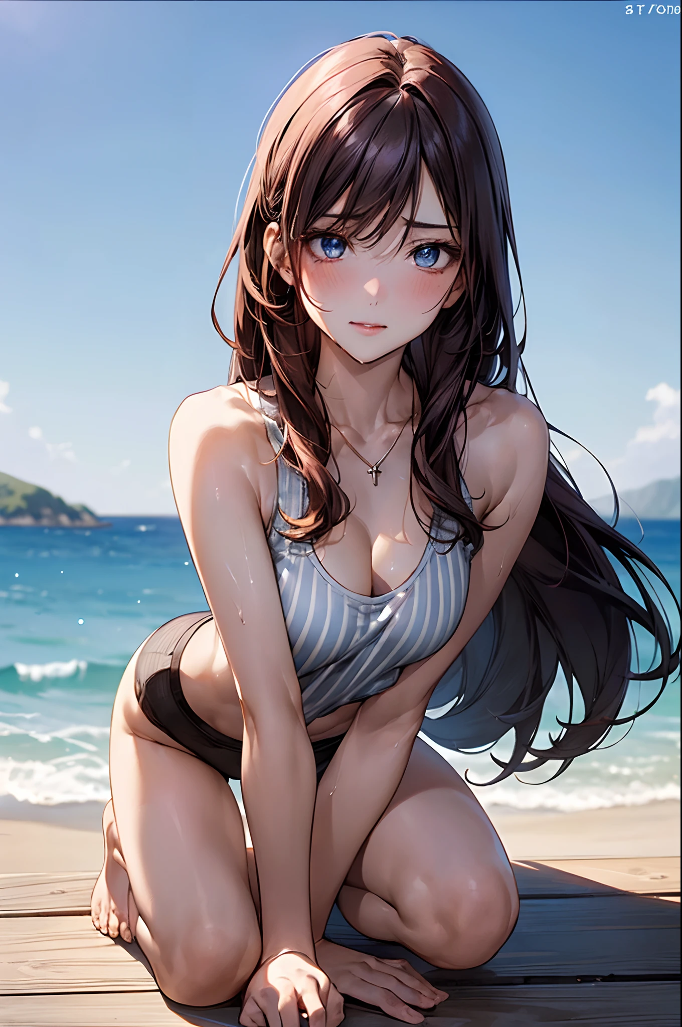 ((((perfect anatomy, super detailed skin)))), 1 girl, japanese, 25 years old, (detailed shiny skin:1.1), watching the view, naughty look, female face, hot face, slightly troubled look,
beautiful hair, beautiful face, beautiful detailed eyes, blue eyes, orange hair, (long hair:1.7, straight hair:1.5), bangs, hair between eye, (large breasts:0.7),
beautiful clavicle, beautiful body, beautiful chest, beautiful thigh, beautiful legs, beautiful detailed fingers, five fingers, face, breast, barefoot, barearms,
white and gray stripes bra, white and gray stripes panties, extremely sexy, seductive thighs, camel toe, sweat wet skin,
pink tank top, black miniskirt, necklace on the chest,
(beautiful scenery), shores, blue sky, bending forward, all fours, bending legs,
(8k, top-quality, masterpiece:1.2, extremely detailed), (photorealistic), beautiful illustration, cinematic lighting, ,