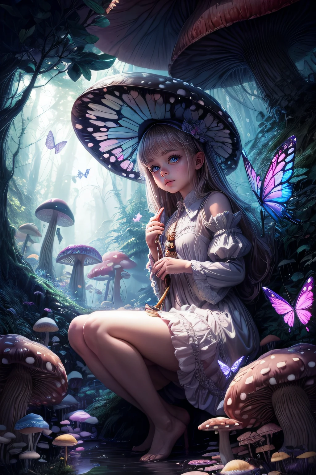 "Magical encounter, closeup young girl exploring, gigantic mushroom, ethereal butterflies, misty wonderland, enchanting details"