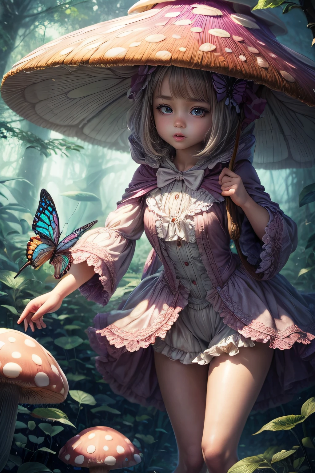 "Magical encounter, closeup young girl exploring, gigantic mushroom, ethereal butterflies, misty wonderland, enchanting details"