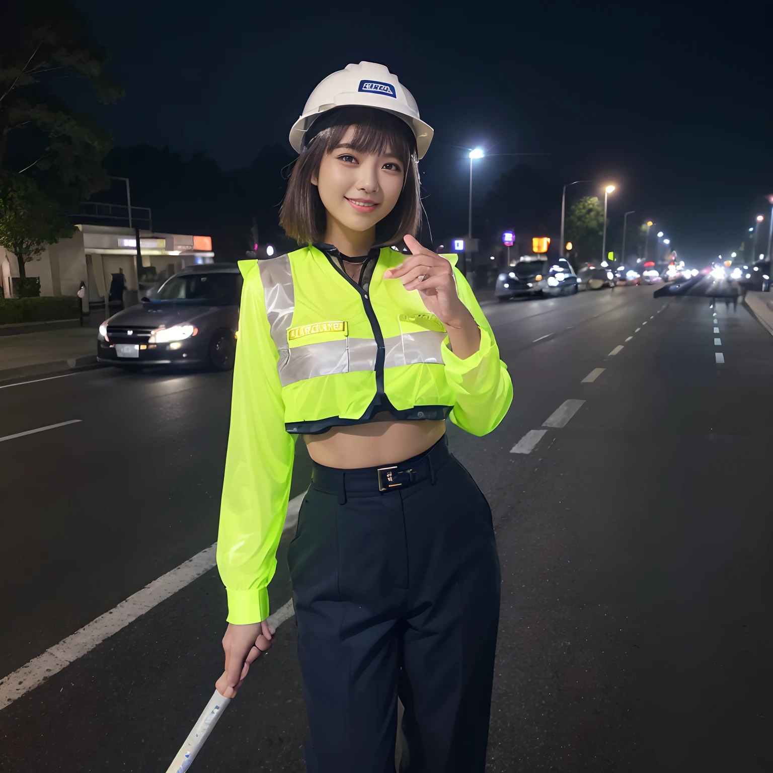 (((Best Quality, masutepiece, 超A high resolution、The most complex and detailed depictions)))、(1 Female traffic mechanic、1 Female traffic mechanic、smil、Beautiful smile、Standing on the road at night、Standing on the side of the road、Stand on the edge of the road、Implementation of traffic maintenance、Women engaged in transportation maintenance)、((((Dressed as a traffic mechanic))))、(((Security guard-style long-sleeved shirt、Long sleeve shirt、Navy Uniform Trousers、Yellow reflective material、Wear a glowing safety vest、Construction safety vest、wearing helmet、He wears a white helmet on his head、Wear a navy armband on your arm、He has a glowing security stick、Have the right baton、Clutching a thick glowing stick、Hold the glittering baton)))、straight haired、Smile at the camera、Perfect gas chamber、a dark night、background is city at night、standing on the road、Take a photo above from your lap、Perfect fingers、large full breasts、Emphasize body lines、Perfect shiny hair and skin、perfect anatomia、short-hair