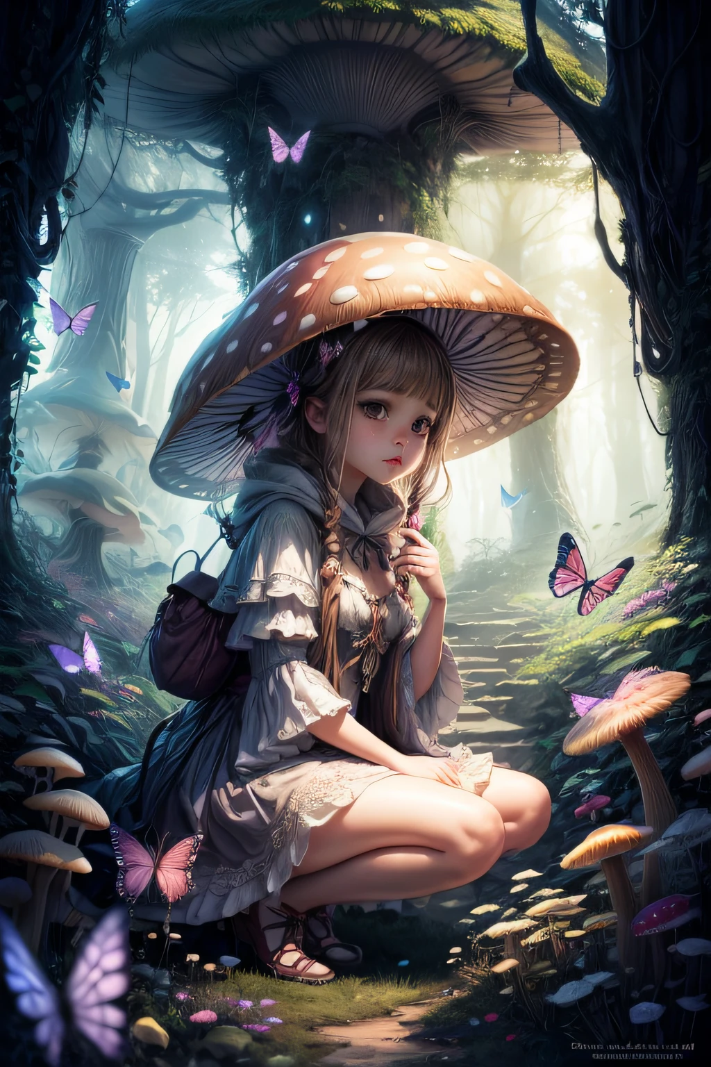 "Magical encounter, closeup young girl exploring, gigantic mushroom, ethereal butterflies, misty wonderland, enchanting details"