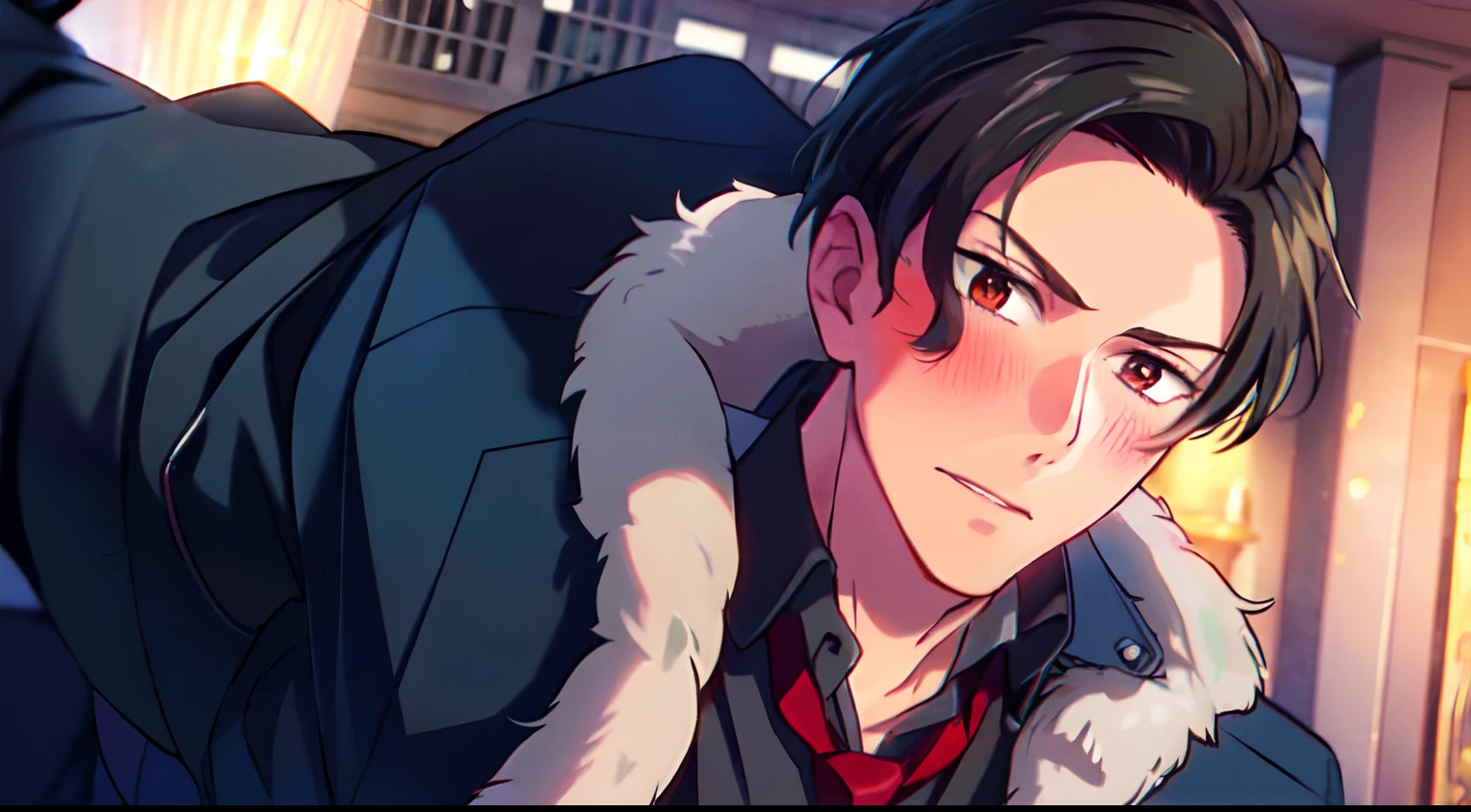 masterpiece, (1boy), adult man, luci, red eyes, black hair, look at viewer, blush