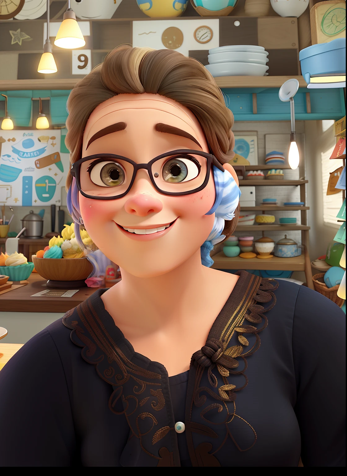 Um poster 3D inspirado na Disney Pixar, uma mulher de 47 anos pele clara, olhos castanhos  e cabelo comprido liso castanho, na boca sorridente batom marrom, na roupa avental marrom, illuminated by the light of a lamp, contra o pano de fundo de uma cozinha americana, na parede com prateleiras e quadros , Woman is making a cream cake on the table, cupcakes, brigadeiros and mixer