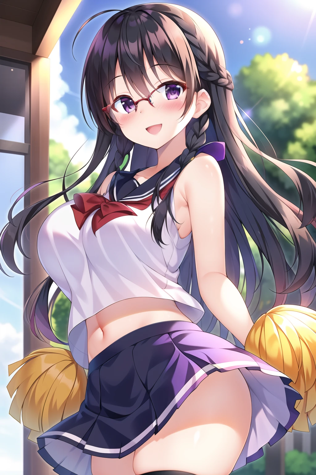 masterpiece, 1girl, (black hair), (braid), (purple eyes), (glasses), (looking at viewer:1.1), (smile), (:d), (Intricate Iris Details:1.2), (blush), (cheerleader), (standing), outdoor