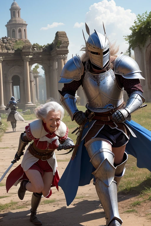 high-level image quality Run at high speed Old woman and old man Wear armor holding swords ruins