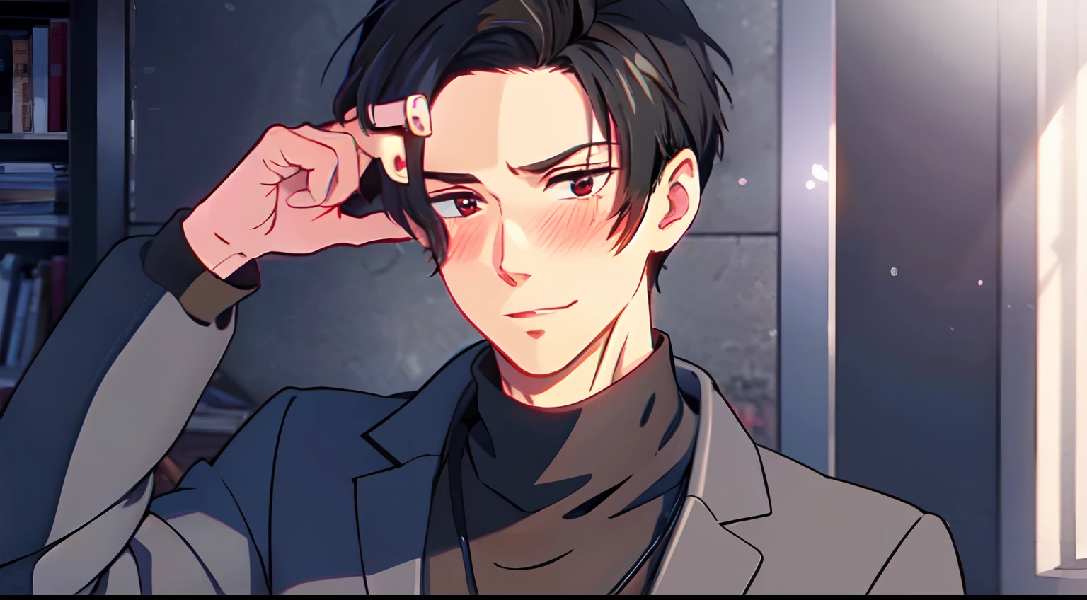 masterpiece, (1boy), adult man, luci, red eyes, black hair, look at viewer, blush