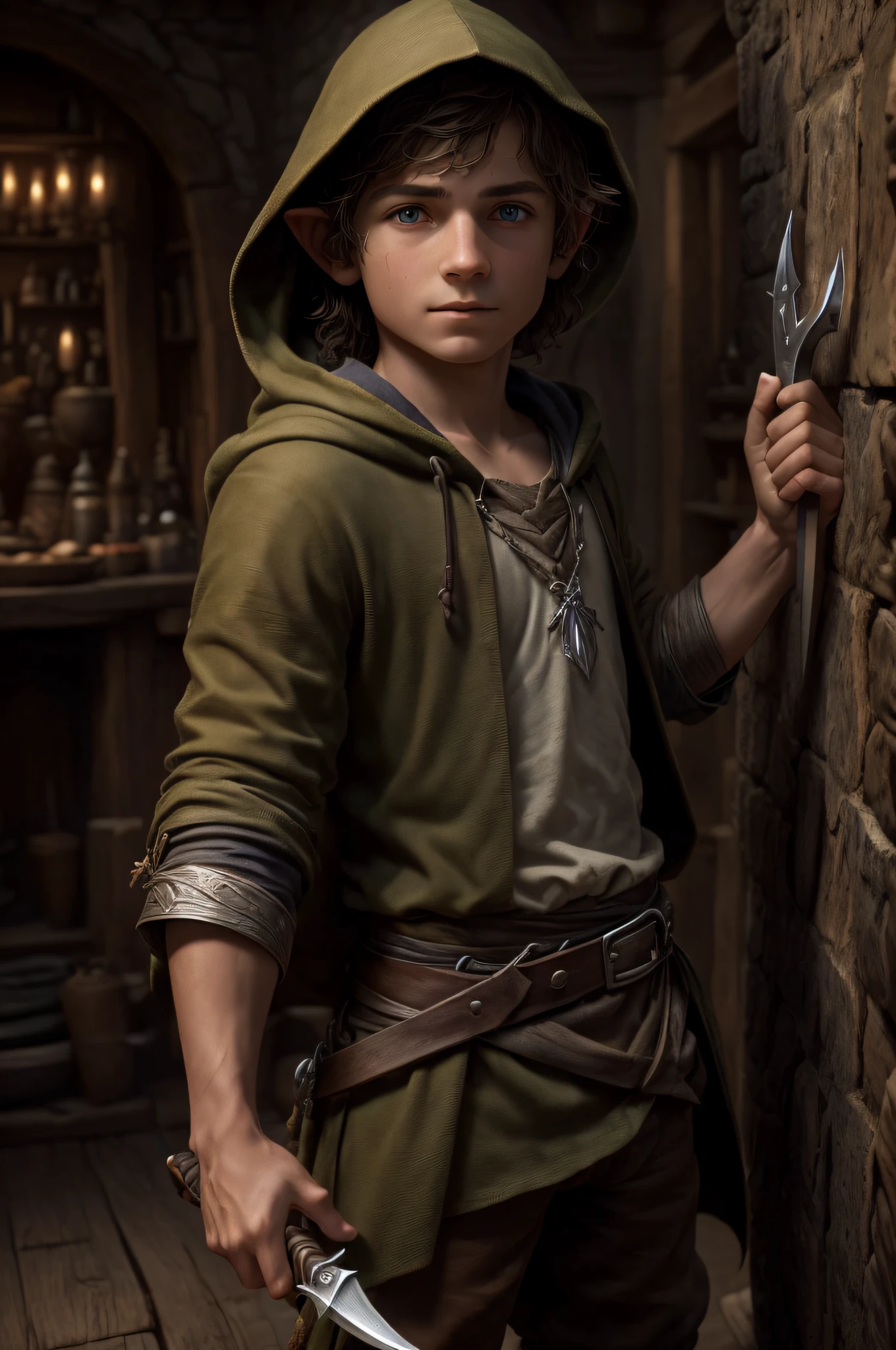 (best quality,ultra-detailed,realistic:1.37),a young hobbit male thief,holding a dagger in his left hand,a glimpse of mischievousness in his eyes,POV, the hood of his cloak pulled up, curious