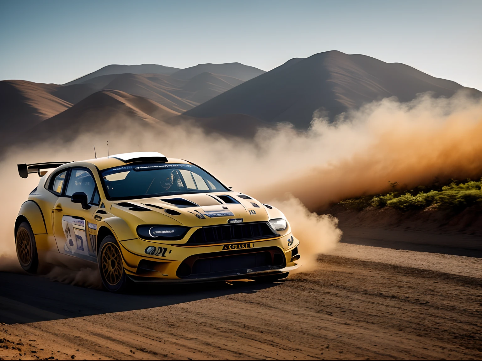 A yellow rally car driving on a dirt road with mountains in the ...