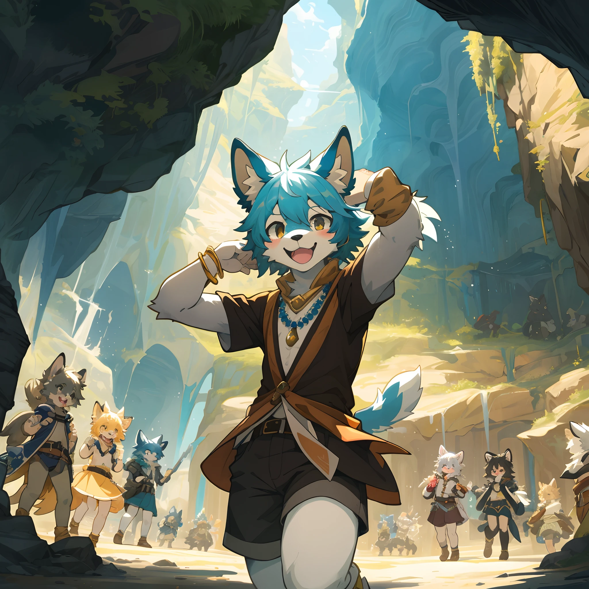 cover_page, highres, top quality, best quality, paid reward available, High-quality illustrations, unparalleled masterpiece, perfect artwork, absurdres, super high resolution, detailed background, A cave where jewels are clustered, 6+boys, 6+girls, Happy, joyful(Photos of solo travelers)(kemono, furry anthro),