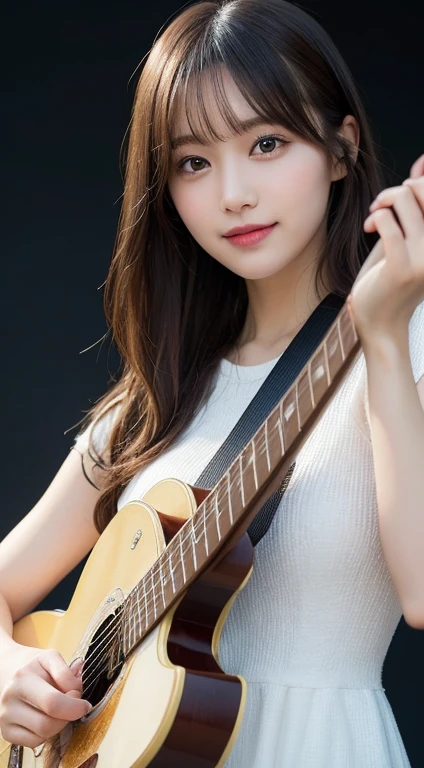 masutepiece, Best Quality, Illustration, Ultra-detailed, finely detail, hight resolution, 8K Wallpaper, Perfect dynamic composition, Beautiful detailed eyes, Women's Fashion Summer,Medium Hair,Small  natural color lip,,Smile,Harajuku、20 years girl、Cute、 shot looking at camera、holding an electric guitar