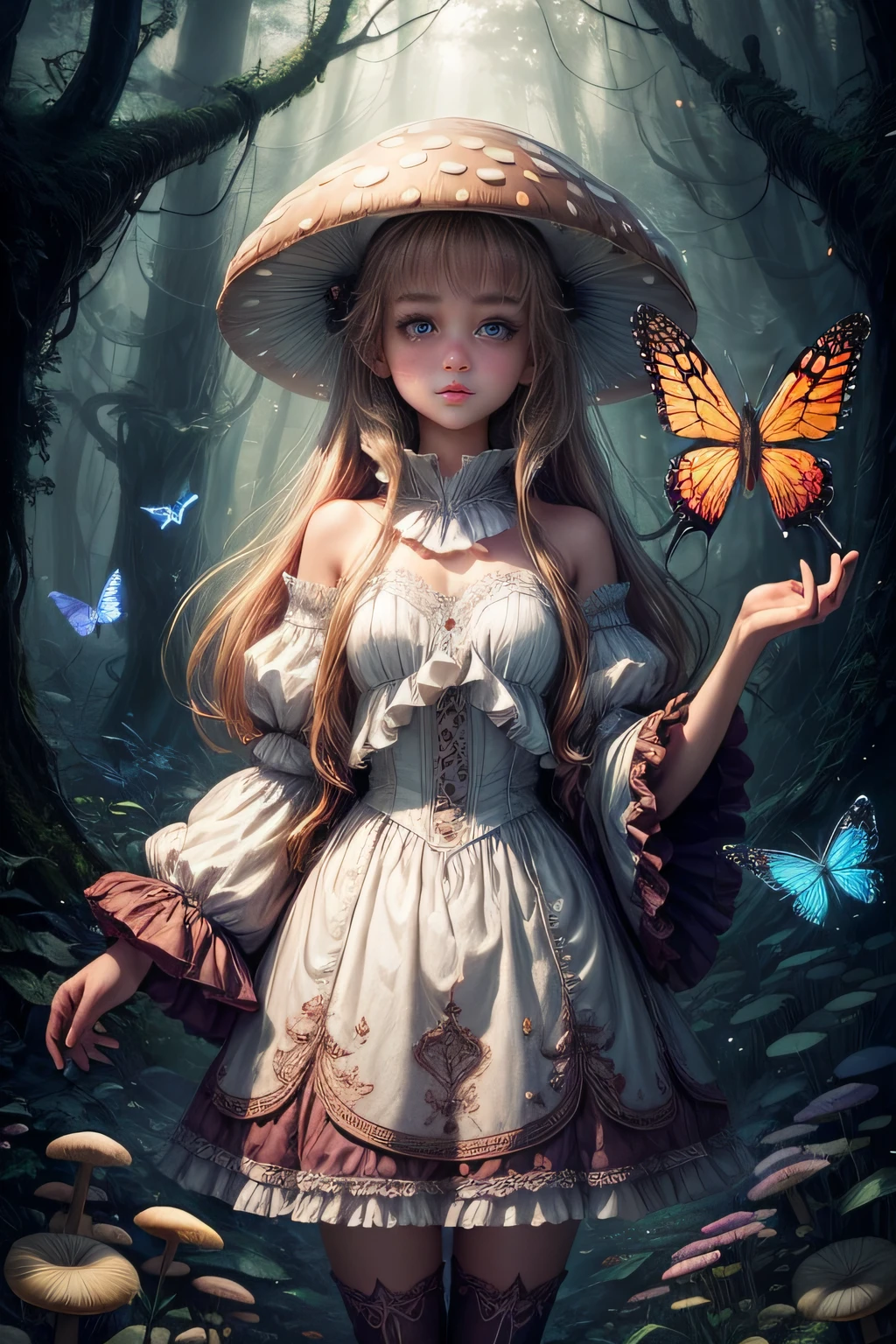 "Magical encounter, closeup young girl exploring, gigantic mushroom, ethereal butterflies, misty wonderland, enchanting details"