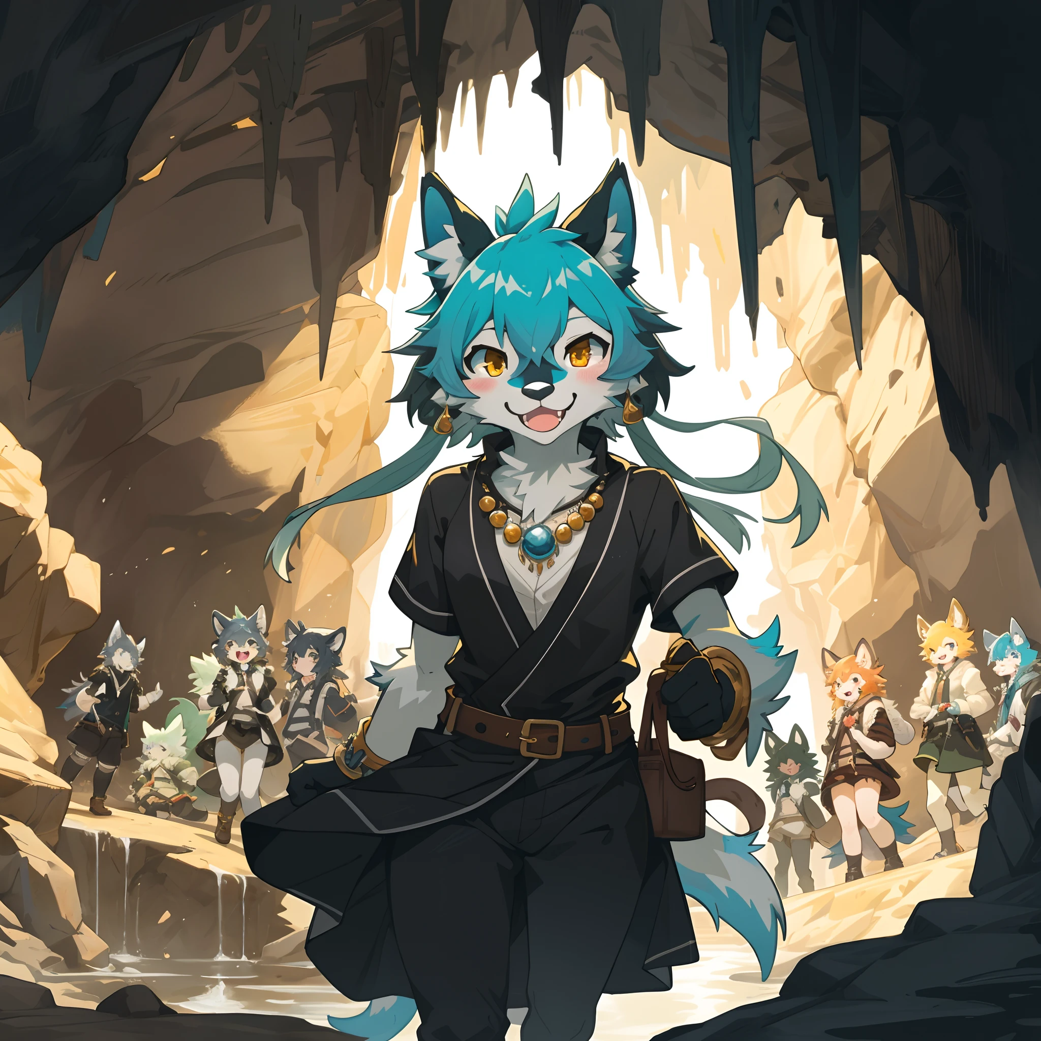 cover_page, highres, top quality, best quality, paid reward available, High-quality illustrations, unparalleled masterpiece, perfect artwork, absurdres, super high resolution, detailed background, A cave where jewels are clustered, 6+boys, 6+girls, Happy, joyful(Photos of solo travelers)(kemono, furry anthro),