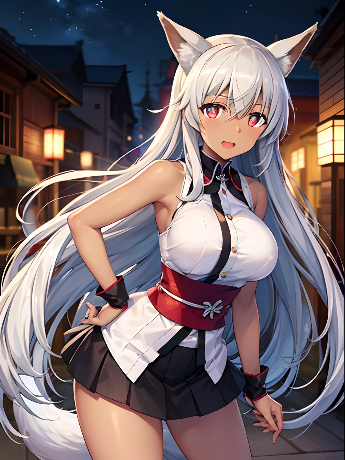(Front Focus),(In the Dark:1.6), (Masterpiece, of the highest quality, best, Official art, Beautiful and aesthetic:1.2), game cg, Highly detailed and realistic CG, Colorful, Masterpiece, Best Quality, jewel-like eyes, 1girl, young, 16 years old, glamour, solo, black hair, very long hair, straight hair, Japanese miko suit, black mini skirt, layered skirts, glowing eyes, star-shaped pupils, smug, smirk, open mouth, black tights, skinny legs, jig eyes, round breasts, large breasts, (white covered breast:1.2), breast focus, ruby red eyes, contrapposto, hands on hip, bokeh, slender, (black skin:1.0), (dark skin:1.5), fox ears, fox tails, fur, from POV, black ribbon, ( strike_witches , world witches series , brave witches , noble witches),
