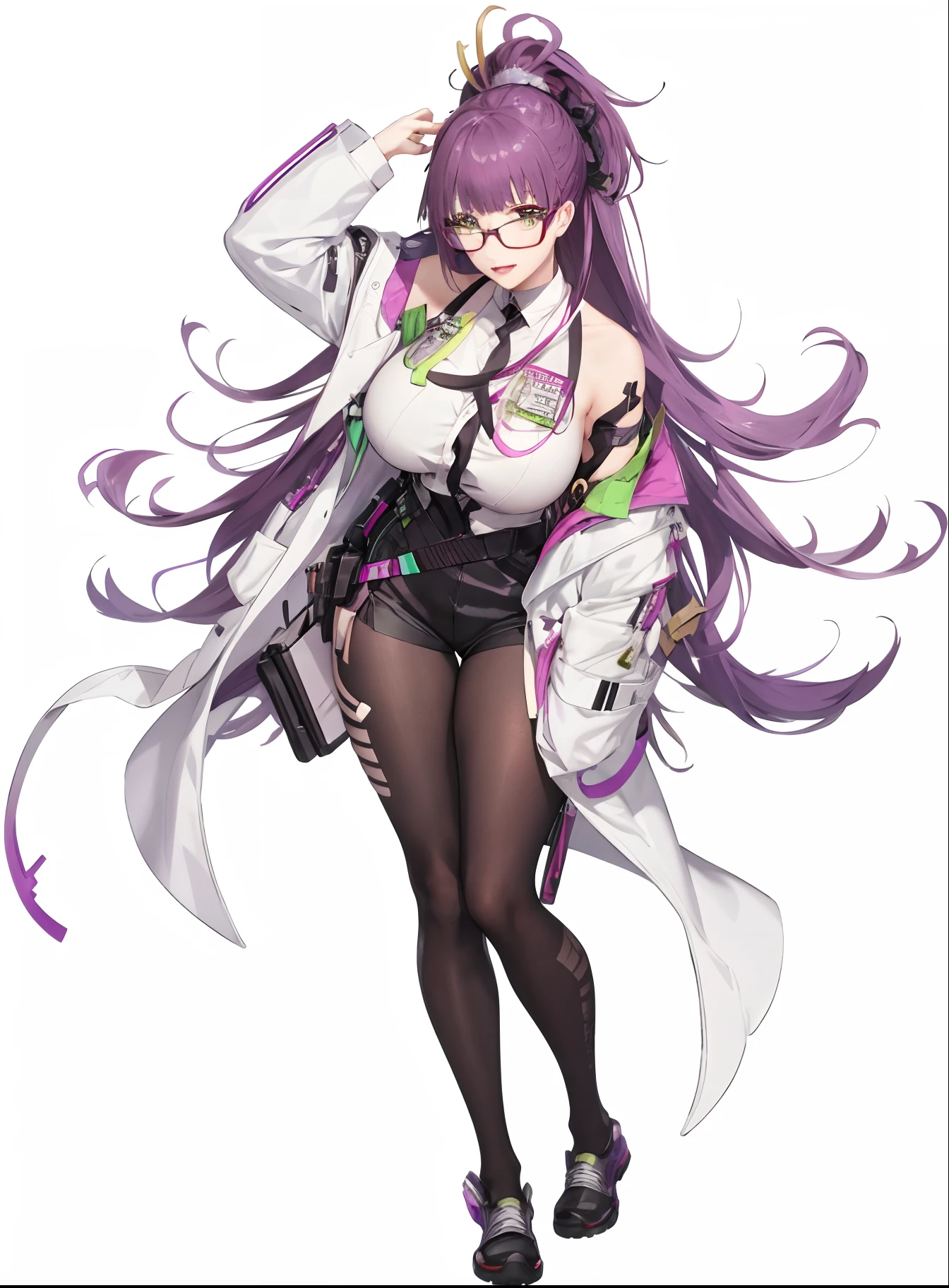 a close up of a person with a purple hair and glasses, from girls frontline, kda, ayaka genshin impact, full body xianxia, girls frontline style, official character art, fine details. girls frontline, girls frontline universe, wearing lab coat and glasses, anime moe artstyle, cushart krenz key art feminine