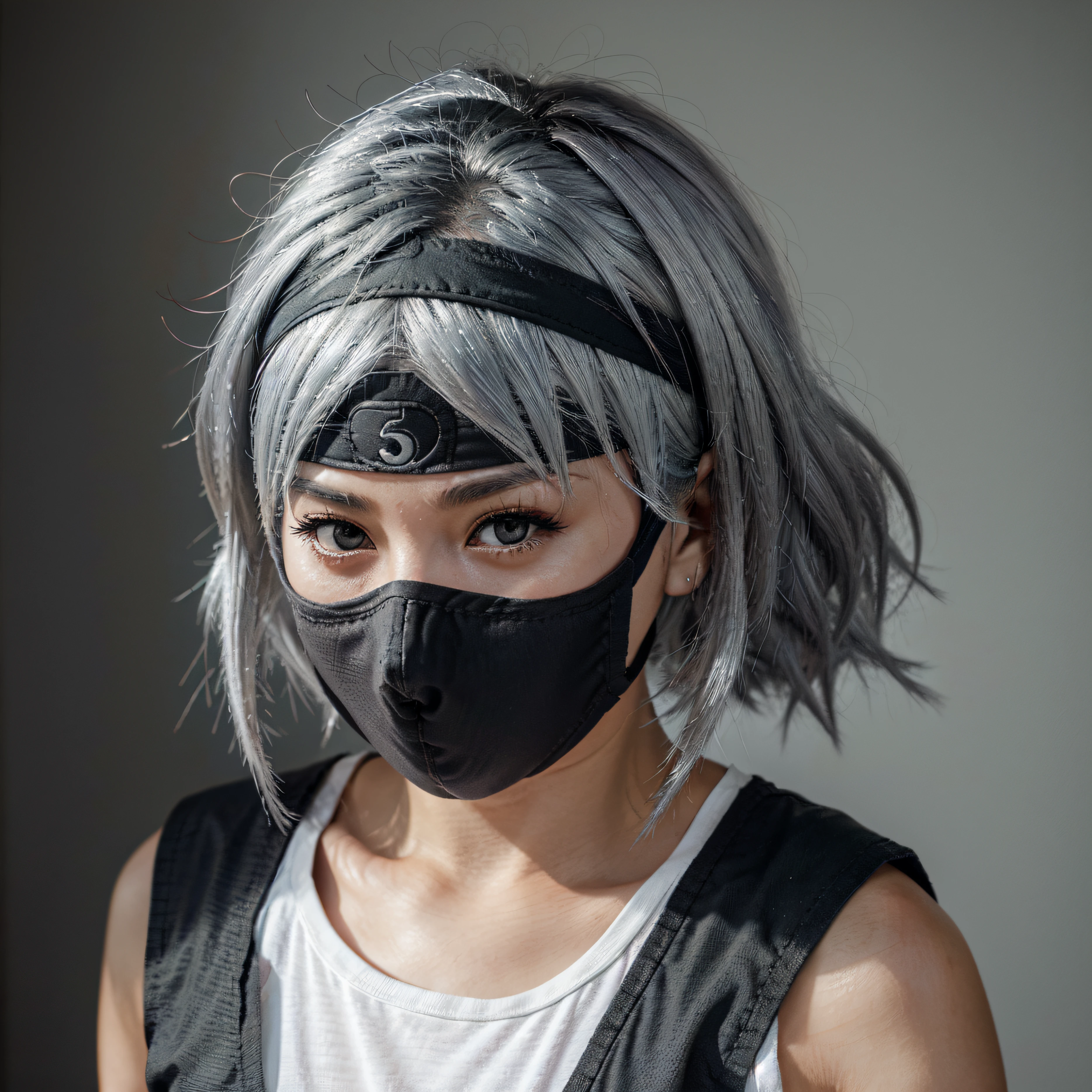 Kakashi, female version, sharingan, daughter, masked, ninja, cute, blushing, adorable, masterpiece, woman, kawaii, black eyes, silver hair, full body