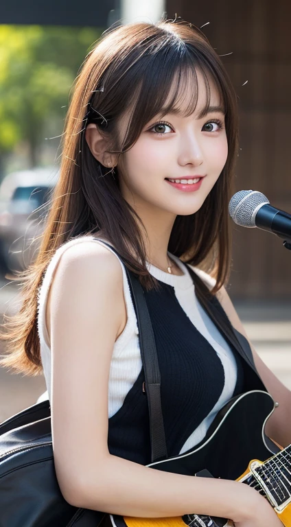 masutepiece, Best Quality, Illustration, Ultra-detailed, finely detail, hight resolution, 8K Wallpaper, Perfect dynamic composition, Beautiful detailed eyes, Women's Fashion Summer,Medium Hair,Small breasts natural color lip,,Smile,Harajuku、20 years girl、Cute、Sexy shot looking at camera、holding an electric guitar