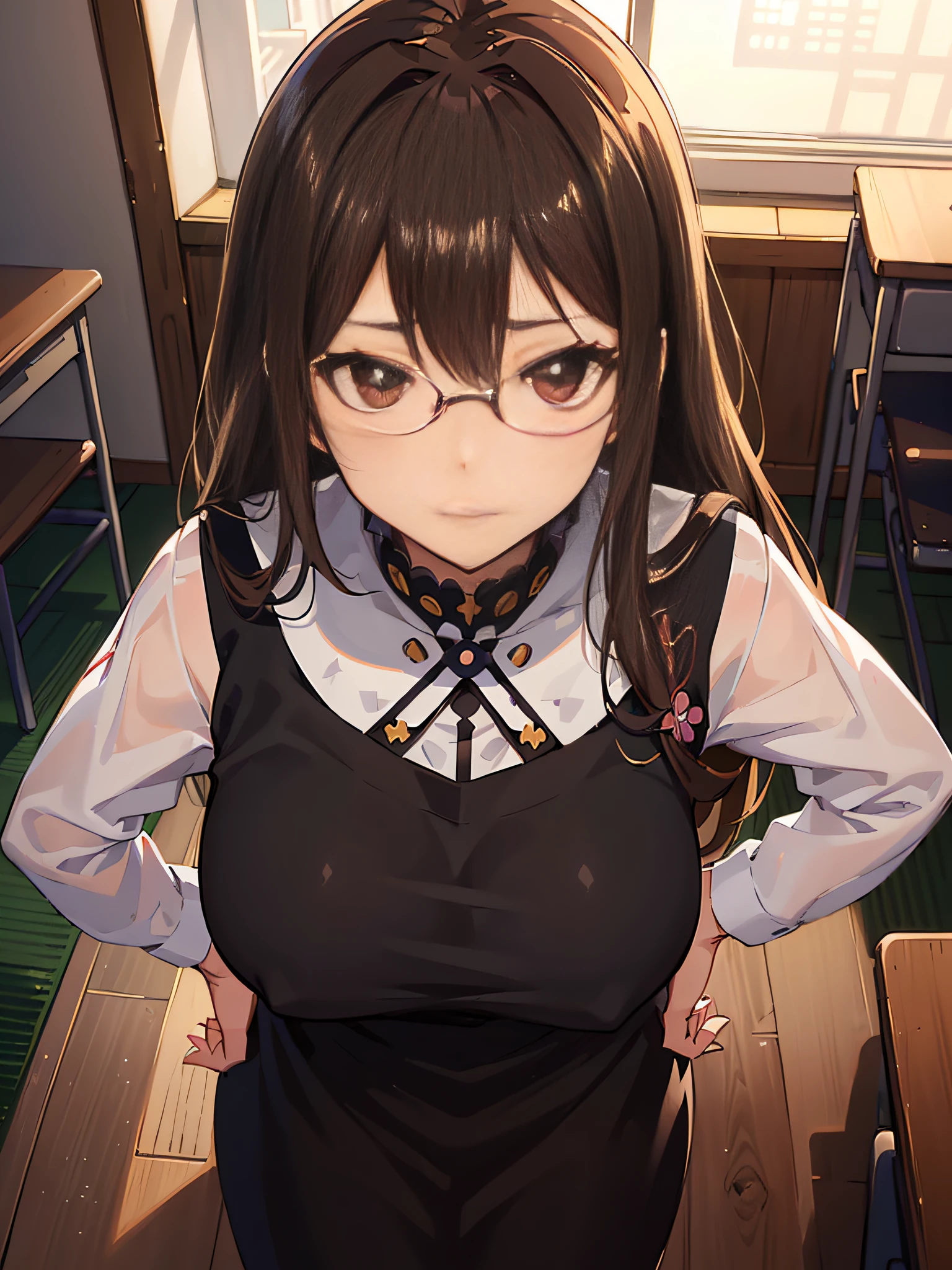 (((masutepiece))),(((Best Quality))),(((Amazing detail))),((Illustration)),((hight resolution)),((8K)),((Anatomically correct)),Brown Long Hair,High Ponytail,Delicate hair,a matural female,Black Frame Glasses,lightsmile,Eyewear adjustment,angle of view,Anime,depth of fields,Classroom background,Sunset,Soft light,From  above,Lens Flare