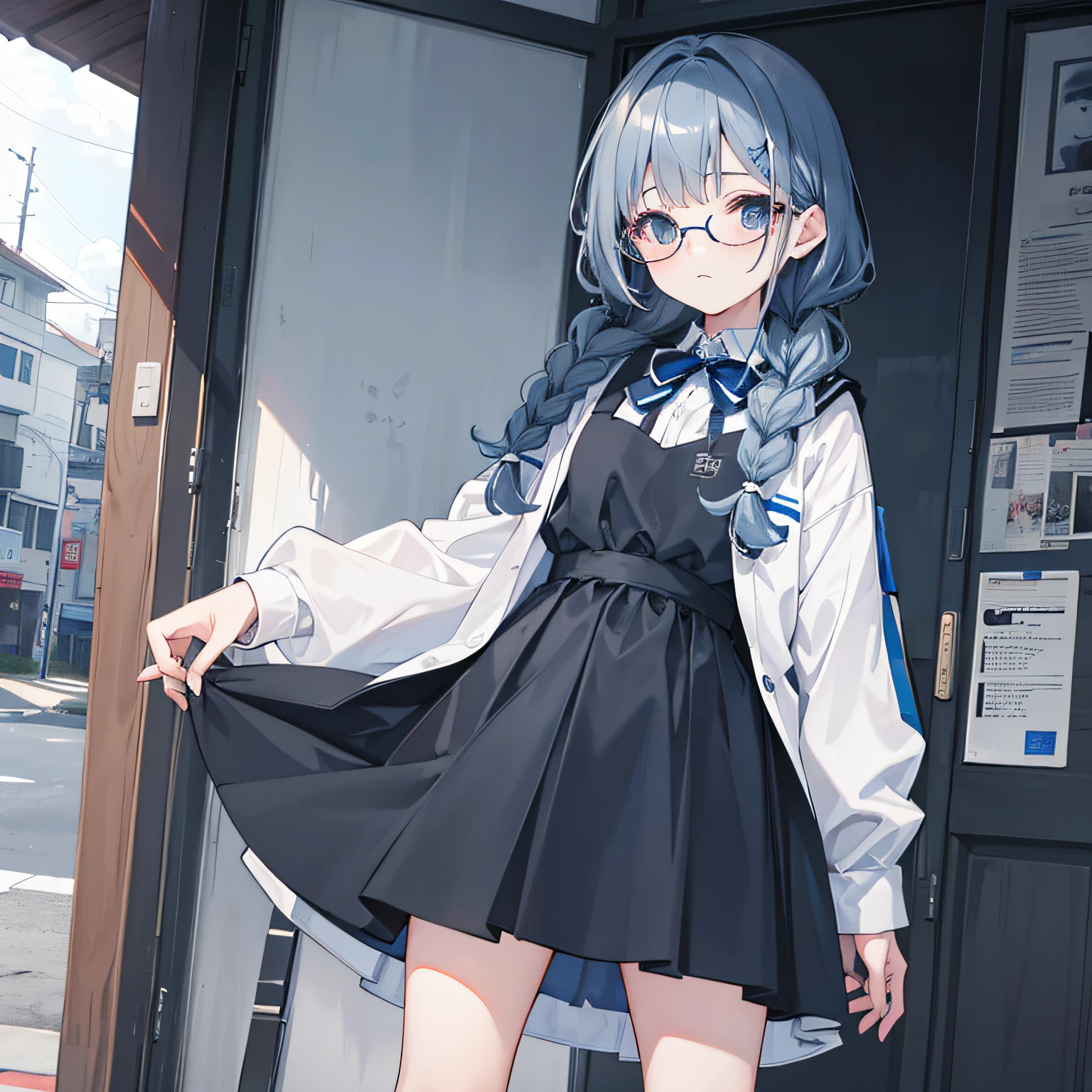gray and dark blue hair,With braids,In thick-rimmed glasses,Wearing white clothes,JK's uniform in a black cloth dress,It's sweet and a little