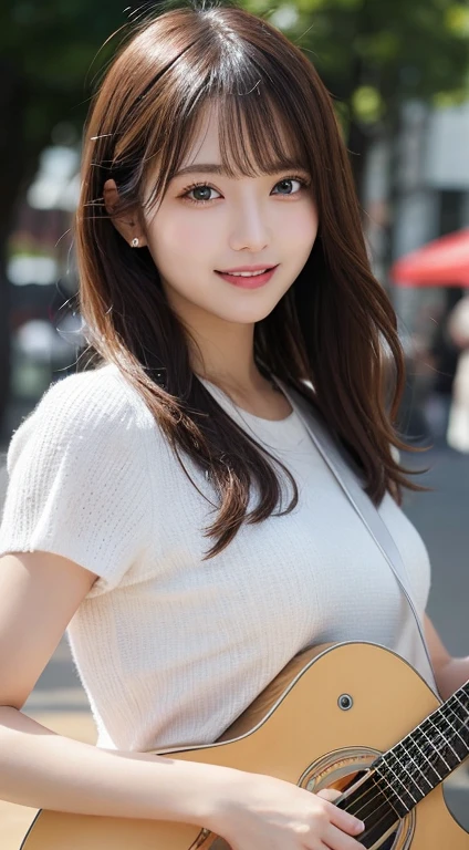 masutepiece, Best Quality, Illustration, Ultra-detailed, finely detail, hight resolution, 8K Wallpaper, Perfect dynamic composition, Beautiful detailed eyes, Women's Fashion Summer,Medium Hair,Small breasts natural color lip,,Smile,Harajuku、20 years girl、Cute、Sexy shot looking at camera、holding an electric guitar