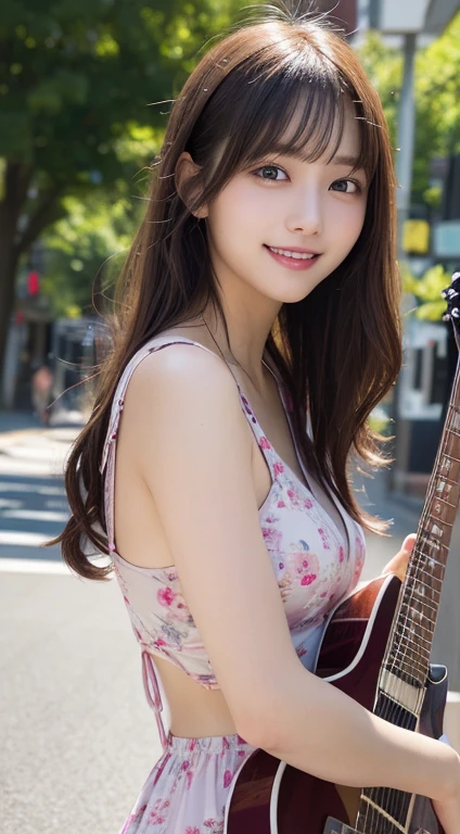 masutepiece, Best Quality, Illustration, Ultra-detailed, finely detail, hight resolution, 8K Wallpaper, Perfect dynamic composition, Beautiful detailed eyes, Women's Fashion Summer,Medium Hair,Small breasts natural color lip,,Smile,Harajuku、20 years girl、Cute、Sexy shot looking at camera、holding an electric guitar