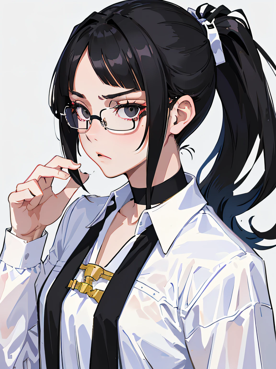 ((masutepiece, Best Quality)), (1girl in), (Solo), (female focus), black ponytail hair, Black eyes, ((White shirt,High School Seniors,The upper part of the body,Cold eyes,serious facial expression,Black glasses,