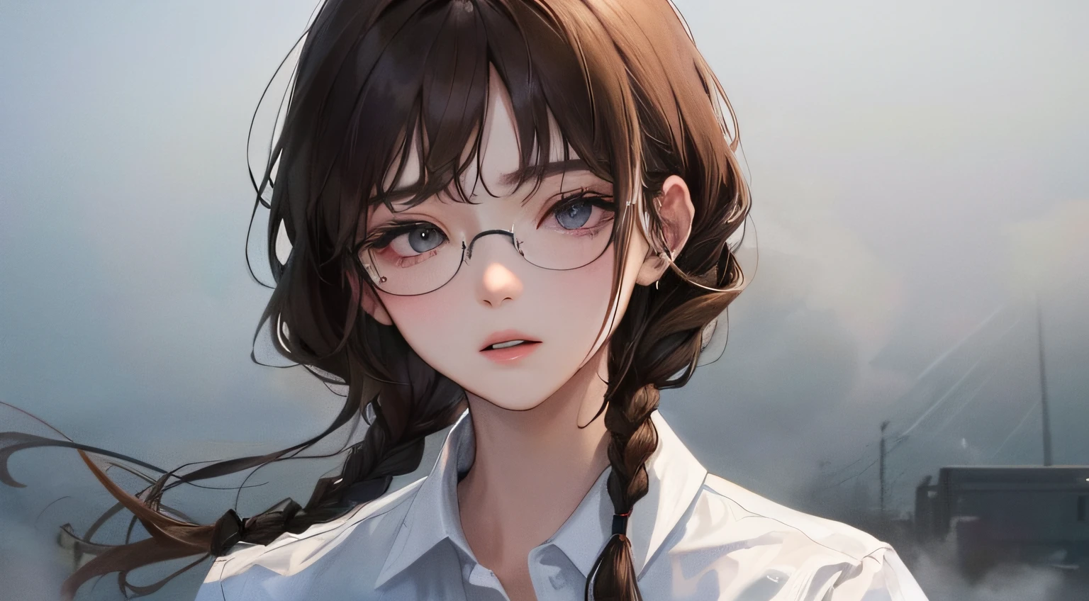 (((1人の女性)))、(Top resolution、Distinct_image) best qualtiy、(((heavy fog)))、((Light color))、masterpiece、ighly detailed、Semi-realistic、Brown hair、eye glass、Braided hairstyle、deadpan、bangss、20yr old、年轻、white shirt、natta、delicated facial features、Facial features、mid-shot、