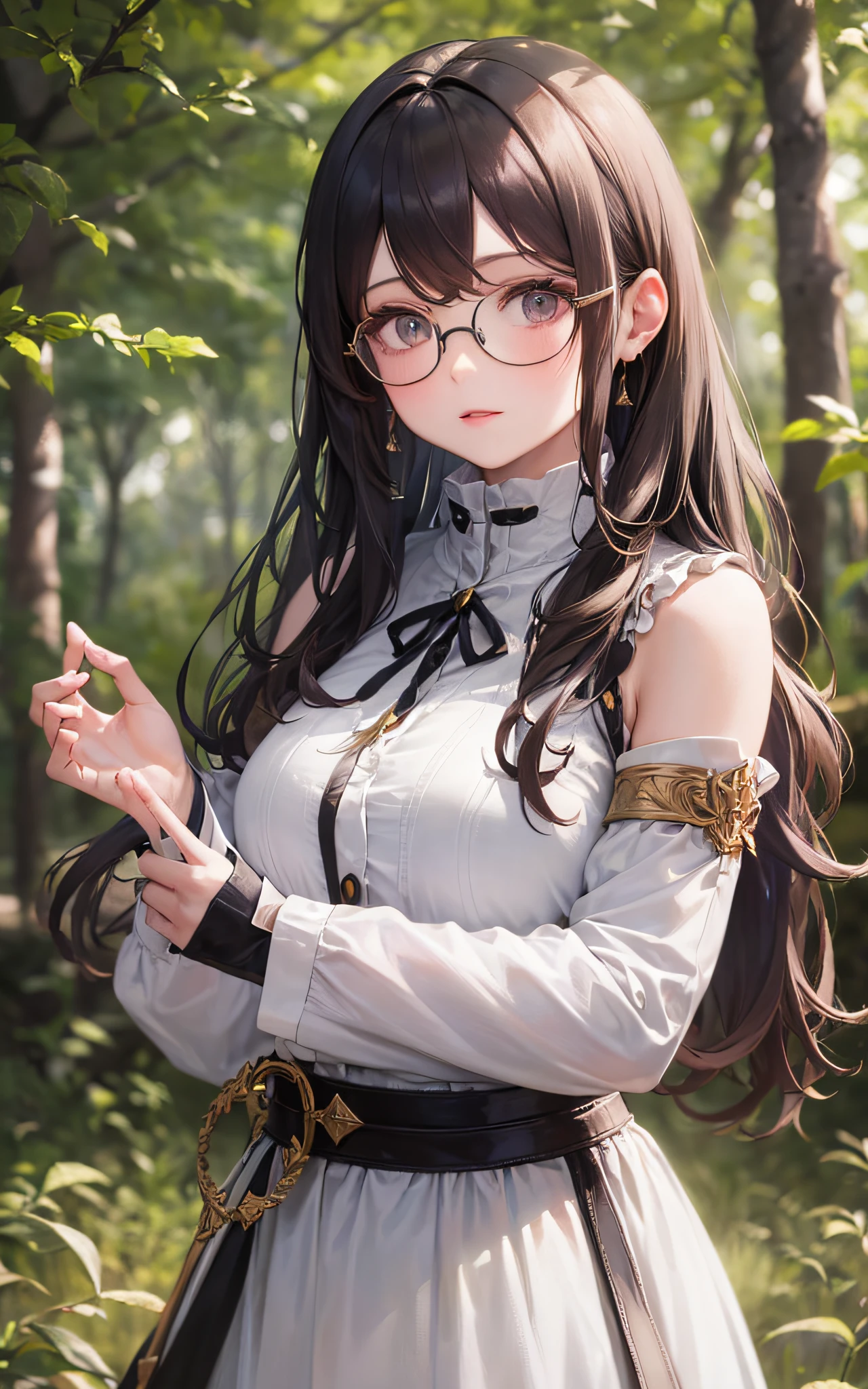 Top Quality, 8K, 4K, High Definition, Details Beautiful round glasses girl, dark-haired girl, light clothes, sunlight through the trees, hot and nod,