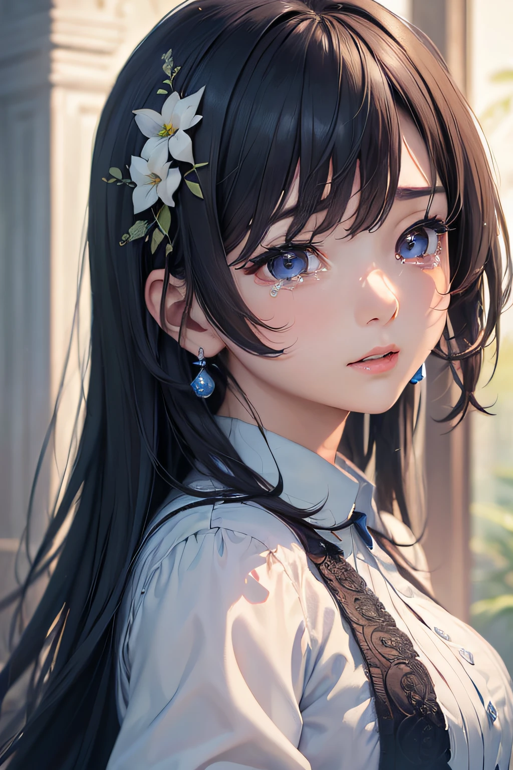Anime girl with long black hair and blue eyes wearing a white shirt ...