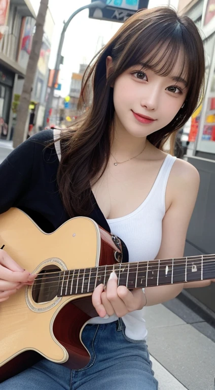 masutepiece, Best Quality, Illustration, Ultra-detailed, finely detail, hight resolution, 8K Wallpaper, Perfect dynamic composition, Beautiful detailed eyes, Women's Fashion Summer,Medium Hair,Small breasts natural color lip,,Smile,Harajuku、20 years girl、Cute、Sexy shot looking at camera、holding an electric guitar