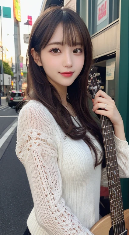 masutepiece, Best Quality, Illustration, Ultra-detailed, finely detail, hight resolution, 8K Wallpaper, Perfect dynamic composition, Beautiful detailed eyes, Women's Fashion Summer,Medium Hair,Small breasts natural color lip,,Smile,Harajuku、20 years girl、Cute、Sexy shot looking at camera、holding an electric guitar