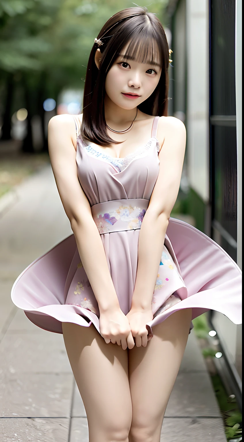 (Best quality, 8k, 32k, Masterpiece, UHD:1.2),Photo of Pretty Japanese woman,(sad smile,blush:1.1),looking at viewer,(beautiful detailed dress skirt:1.2),detailed legs,(spread legs:0.9),(lace panties:0.9),(wind lift:1.6), full body,windy,city,outdoors