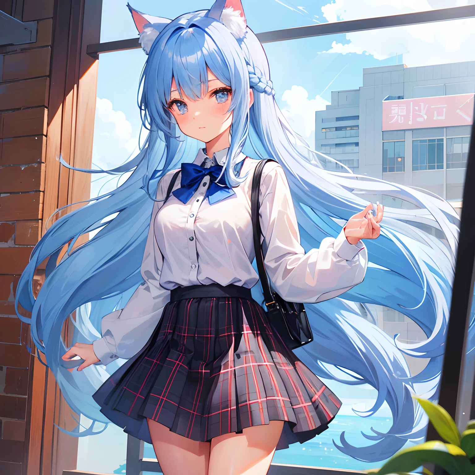 Light blue long-haired。cat ear。Hairstyle is braided。Plaid blouse。The navel is visible。Plaid miniskirt。Dating。is standing