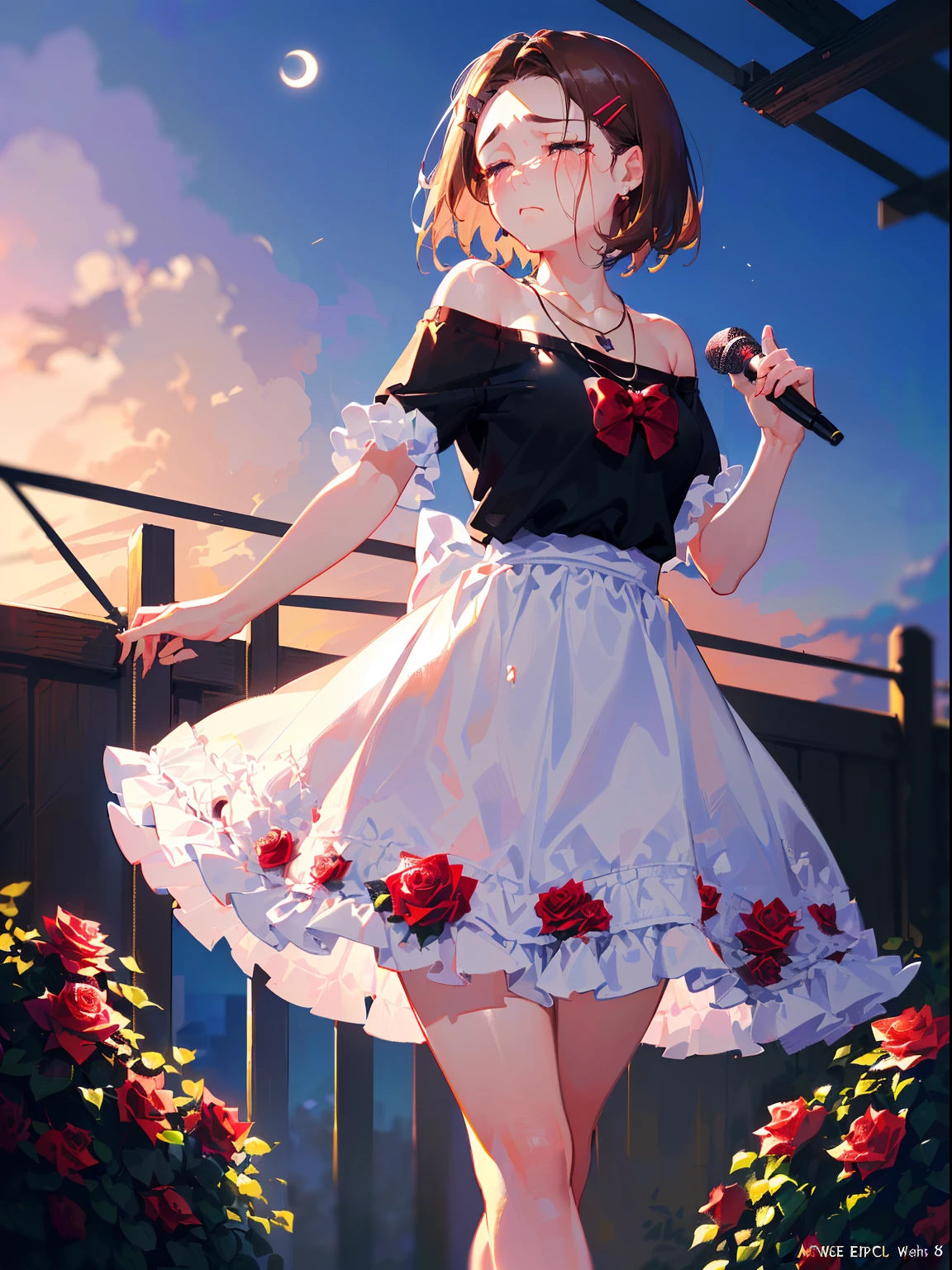 ((((Staring,Slightly sad,tearing,half closed eyes,))))((Singing,standing microphones,))(Masterpiece illustration,Beautiful and aesthetic:1.2,Target the audience,From below), Best quality,Top quality, Epic quality,((((Fence wall,Rose,En plein air,))))(Moonlight,Moon glare, god light,))Neat face,underage,mature,Beautiful detailed hair,Brown hair,hyper HD, retinas, Textured skin, A high resolution, 16k ,((hair pin,Forehead,side locks,Short hair,Large bow in hair)),Detailed face, 1JK, Lady,Solo, Perfect face, Very amazing girl,((cropped shoulders,Black T-shirt,frilld,Ruby necklace)),rim-light