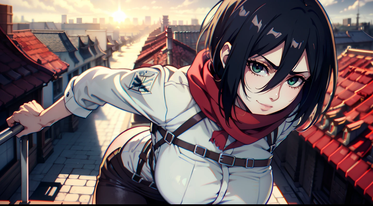 Frame from below, Photo below, view from bottom, Sexy, Erotica, Nudie, sexypose, combat stance, half naked, shirt unbuttoned, Hesitate, Erotica, Super Epic Composition, aot style, Shingeki no Kyojin, mikasa ackerman, 1girl, in full height (Body Full 1.1), Hand strap, quiff, black hair, Black pants, 가슴, Average Breasts, green colored eyes, Hair between the eyes, turnstile, long sleeves, looks at the viewer, Average Breasts,, breeches, red scarf, a scarf, Shirt, Short Hair Hair, Roof of the city, roof, Sun, In the air, Holds blades in his hands, jump, Smoke, 独奏, hip belt, white shirt, Scientific Research Building \(Emblem\), ((tmasterpiece)), beste-Qualit, Sex, hooligan, waist, legsupms, buttocks, 가슴, (Body Full 1.1), Camera from above, Frame from above, the night, Lights, looks at the viewer, ssmile, grin, criminal, laughting, Cool anime 8K, Clean and detailed anime art, 4K Manga Wallpapers, Подробный портрет Anime Girl, Anime 4K Style, Anime Art Wallpapers 4K, Anime Art Wallpaper 4K Masterpiece, Gorgeous, Best Quality,