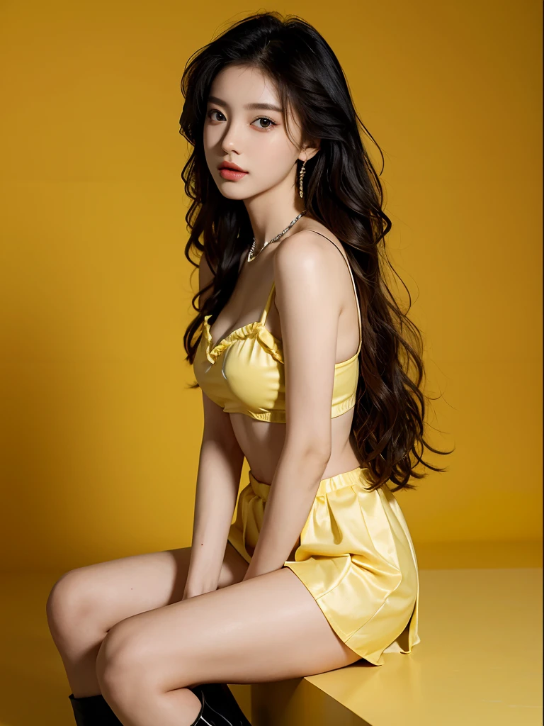 1girll, 175cm,Korean model, 23 years old,Soft body, Black hair, Wavy hair,Whole body, Hair grows to the waist, Whole body,((Head to leg)),Black bracelet,Black chain,Yellow bra,Yellow pleated skirt, White high boots,Large earrings,Close-up, 8K, RAW photo, Best quality, Masterpiece,Realistic, photo-realistic,Seductive,Cute,White background, Erotic pose, Sitting