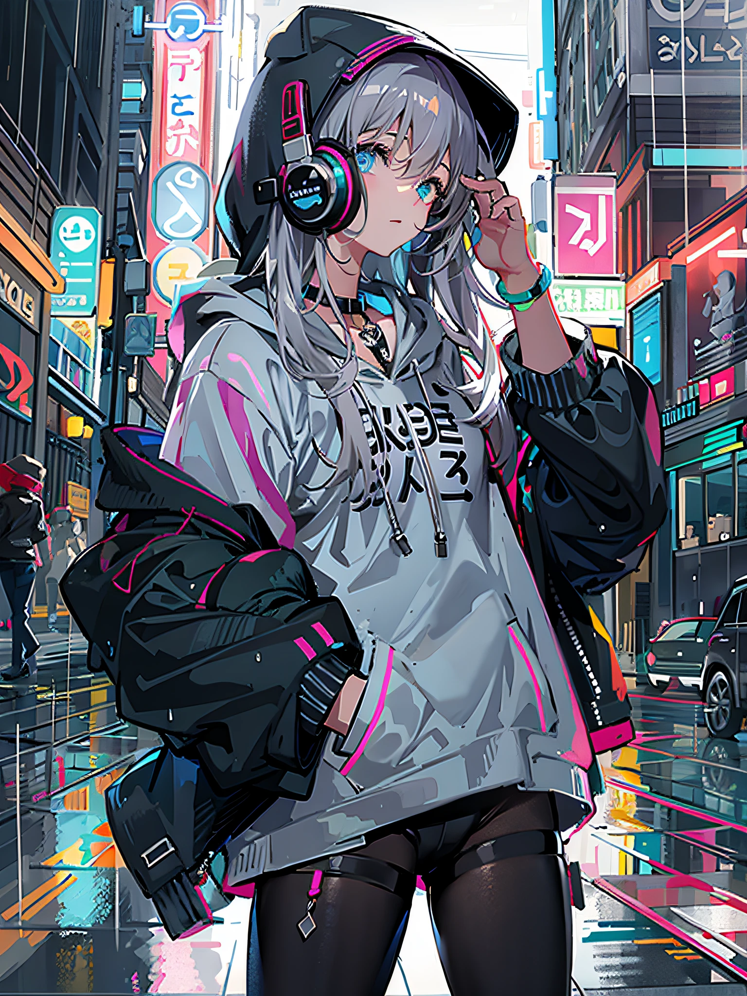masterpiece, girl alone, solo, incredibly absurd, hoodie, headphones, street, outdoor, rain, neon,