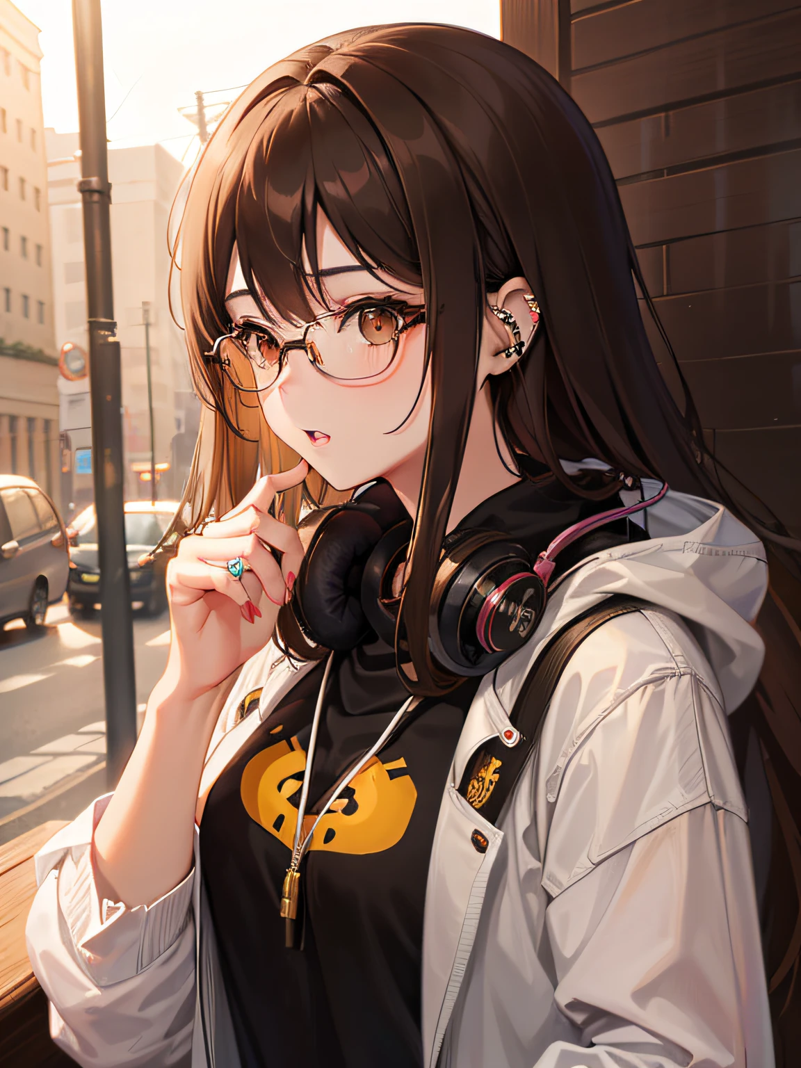 1人の女性、brown haired(Curta)、Brown eyes、Black-rimmed glasses、Ring piercing of the earlobe、headphones、Listen to the music