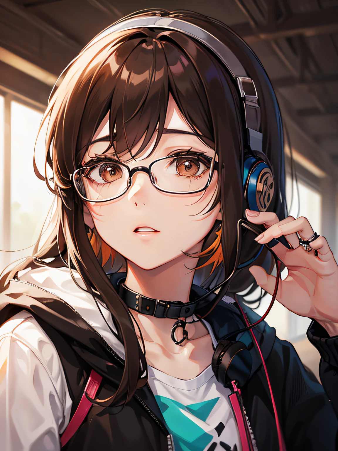 1人の女性、brown haired(Curta)、Brown eyes、Black-rimmed glasses、Ring piercing of the earlobe、headphones、Listen to the music