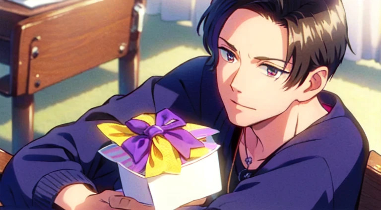 masterpiece, 1gift purple necklace on blue box, on the desk, close up