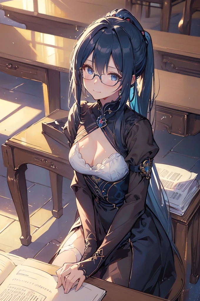 (((Masterpiece))),(((Best quality))),(((Amazing detail))),((illustration)),((A high resolution)),((8K)),((Anatomically correct)),Blue long hair,High ponytail,Delicate hair,a matural female,black-frame glasses,Light smile,adjusting eyewear,angle of view,Anime,Depth of field,Classroom Background,Sunset,Soft light,From above,Lens flare