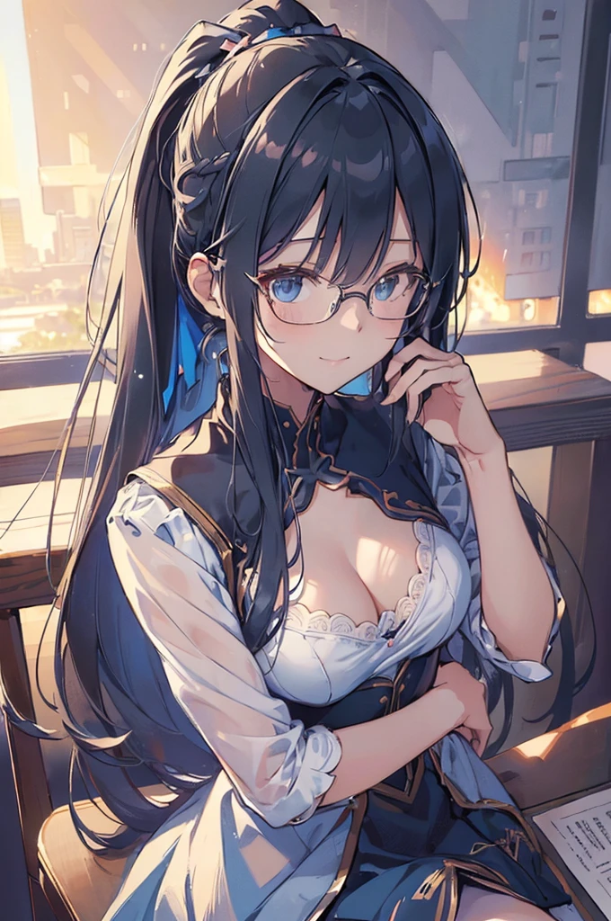 (((Masterpiece))),(((Best quality))),(((Amazing detail))),((illustration)),((A high resolution)),((8K)),((Anatomically correct)),Blue long hair,High ponytail,Delicate hair,a matural female,black-frame glasses,Light smile,adjusting eyewear,angle of view,Anime,Depth of field,Classroom Background,Sunset,Soft light,From above,Lens flare