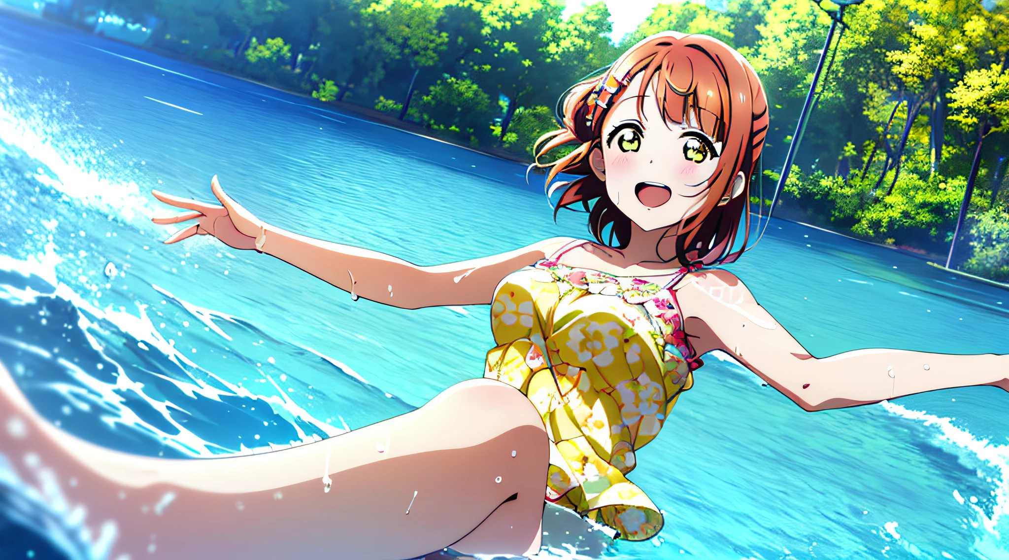 (best quality), (HD),high quality, best quality, masterpiece, ayumu uehara, 1girl, Anime-style color grading, bushiroad studio coloring style, yellow eyes, medium hair, water park, fun, sunny day, clear water, laughing